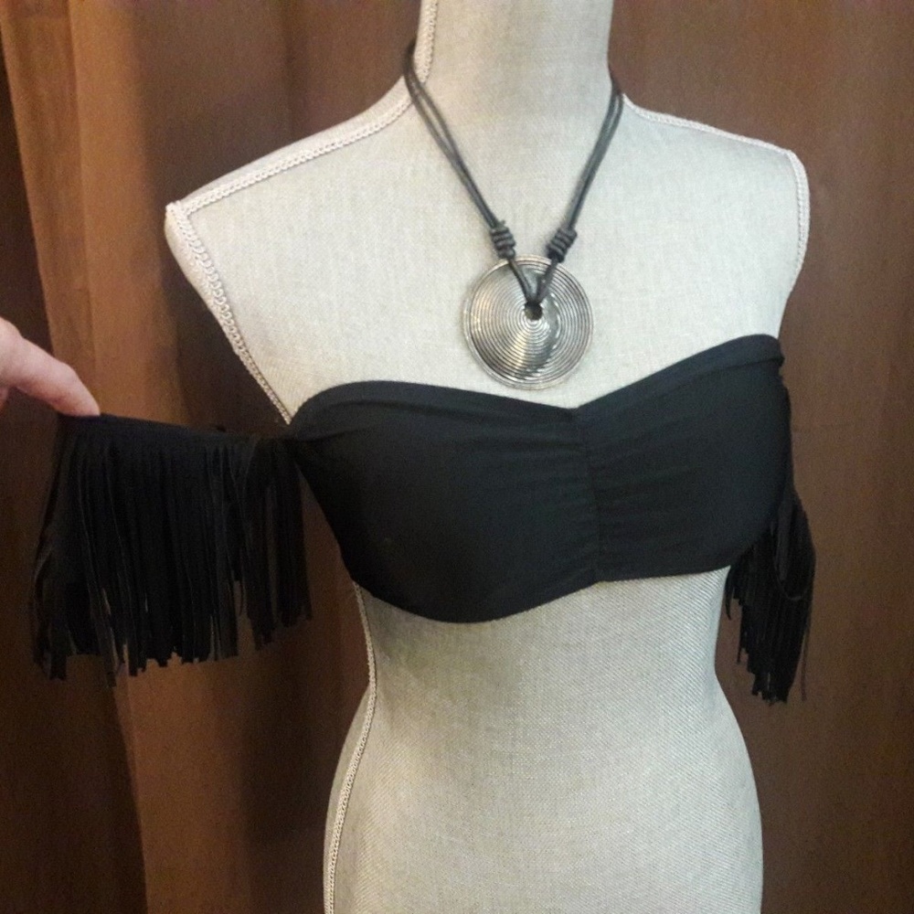 GB Bini Fringe Arm Cuffs Bandeau Bathing Suit Bra Top Black HOT $40 NEW S M Sexy